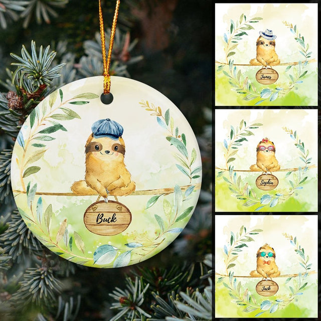 Sloth Custom Name Decorative Christmas Circle Ornament 2 Sided