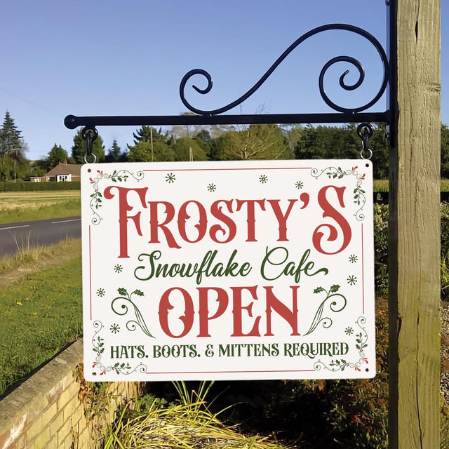 Snowflake Cafe Sign, Open Hats, Boots, Mittens, Required Custom Metal Sign
