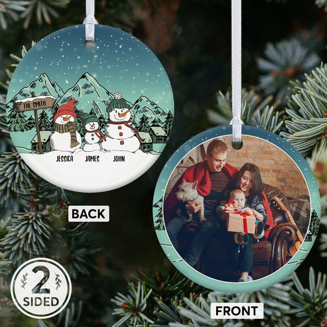 Snowman Family Custom Photo And Text Decorative Christmas Circle Ornament 2 Sided