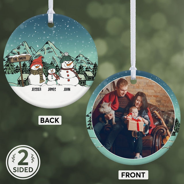 Snowman Family Custom Photo And Text Decorative Christmas Circle Ornament 2 Sided