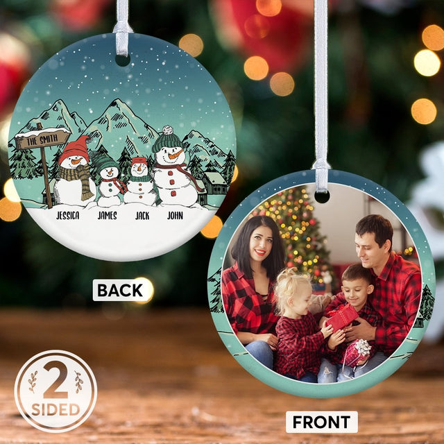 Snowman Family Custom Photo And Text Decorative Christmas Circle Ornament 2 Sided
