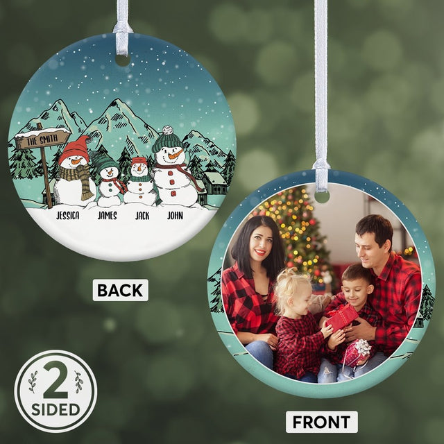Snowman Family Custom Photo And Text Decorative Christmas Circle Ornament 2 Sided