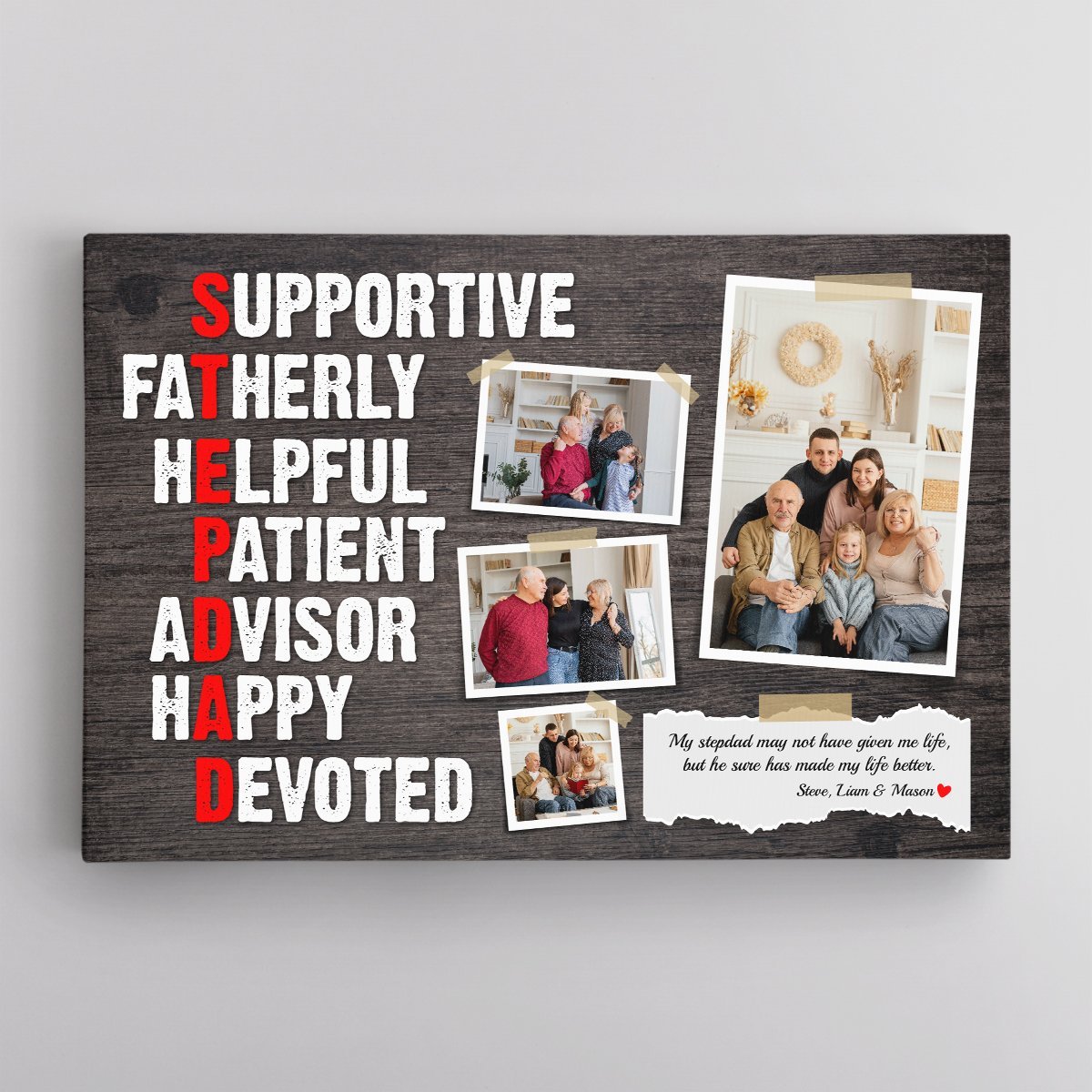 Stepdad, Supportive, Fatherly, Helpful, Patient, Advisor, Happy, Devoted, Custom Photo, Personalized Name And Text Canvas Wall Art