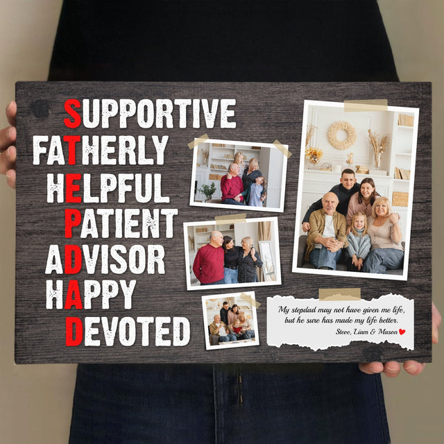 Stepdad, Supportive, Fatherly, Helpful, Patient, Advisor, Happy, Devoted, Custom Photo, Personalized Name And Text Canvas Wall Art