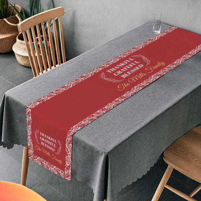 Thankful, Grateful, Blessed, Personalized Table Runner, Custom Family Name