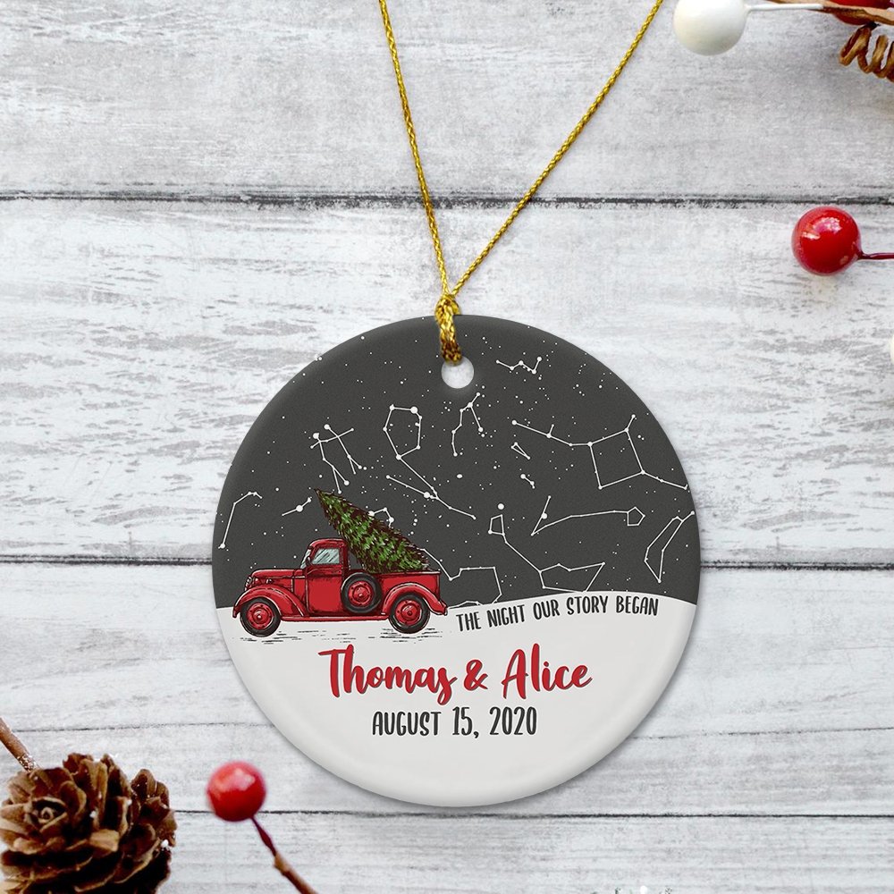 The Night Our Story Began Custom Star Map, Name And Location Light Wood Background Decorative Christmas Circle Ornament 2 Sided