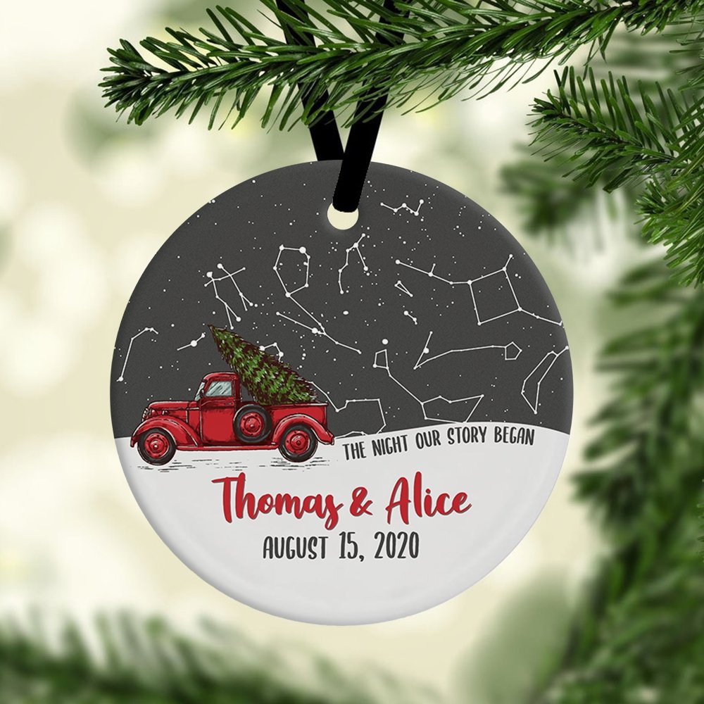The Night Our Story Began Custom Star Map, Name And Location Light Wood Background Decorative Christmas Circle Ornament 2 Sided