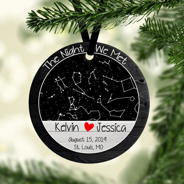 The Night We Met Custom Star Map, Name And Location Light Wood Background Decorative Christmas Circle Ornament