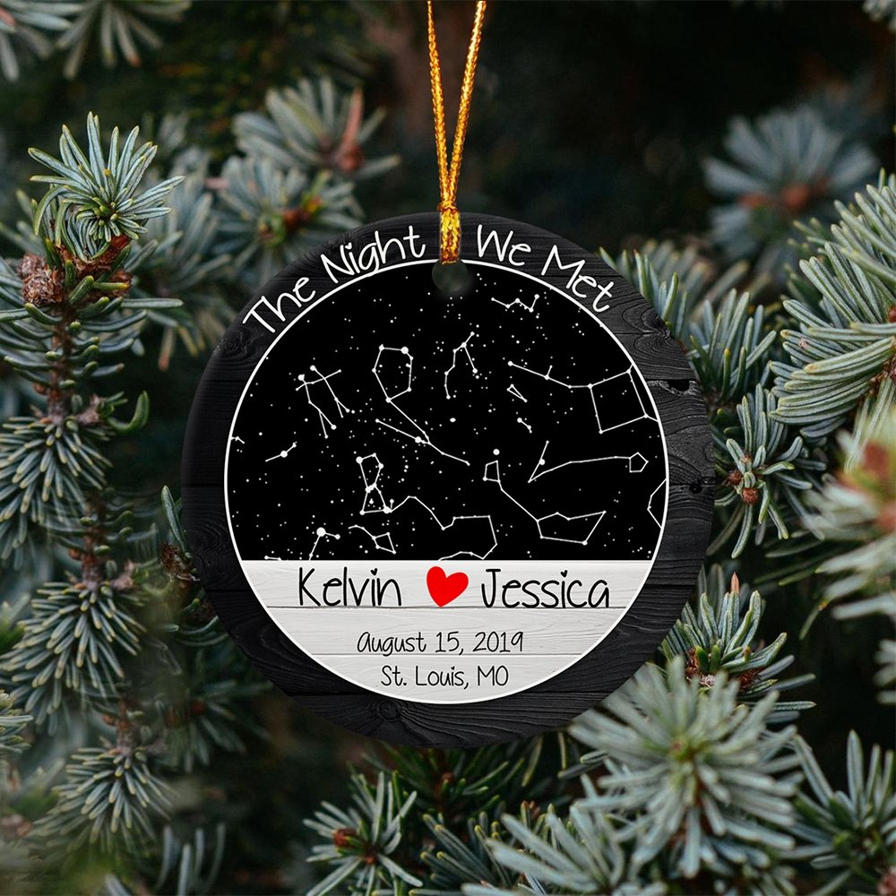 The Night We Met Custom Star Map, Name And Location Light Wood Background Decorative Christmas Circle Ornament