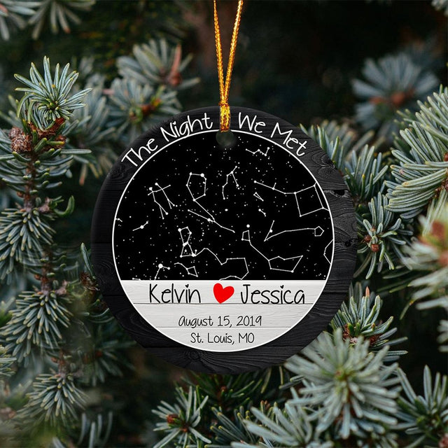The Night We Met Custom Star Map, Name And Location Light Wood Background Decorative Christmas Circle Ornament