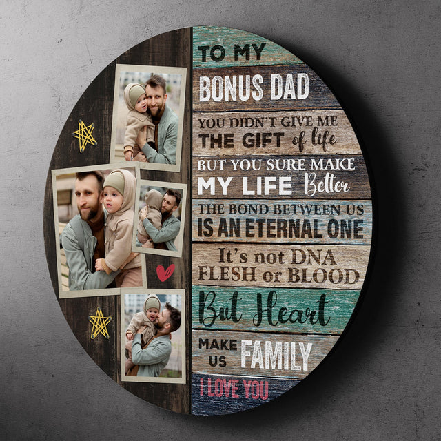 To My Bonus Dad, Custom Photo Collage, Round Wood Sign