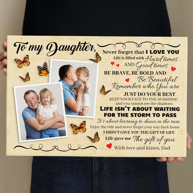 To My Daughter, Life Gave Me The Gift Of You, Custom Photo And Text Canvas Wall Art