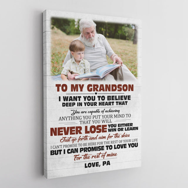 To My Grandson, Never Lose You Either Win Or Learn, Custom Photo, Personalized Text Canvas Art Print