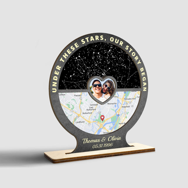 Under There Star, Our Story Began, Custom Night Sky, Map Print By Location And Photo, Wooden Plaque 3 Layers