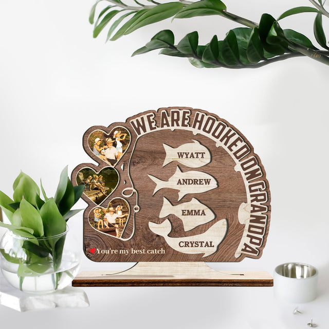 We Are Hooked On Grandpa, Custom Photo And Text, Wooden Plaque 3 Layers