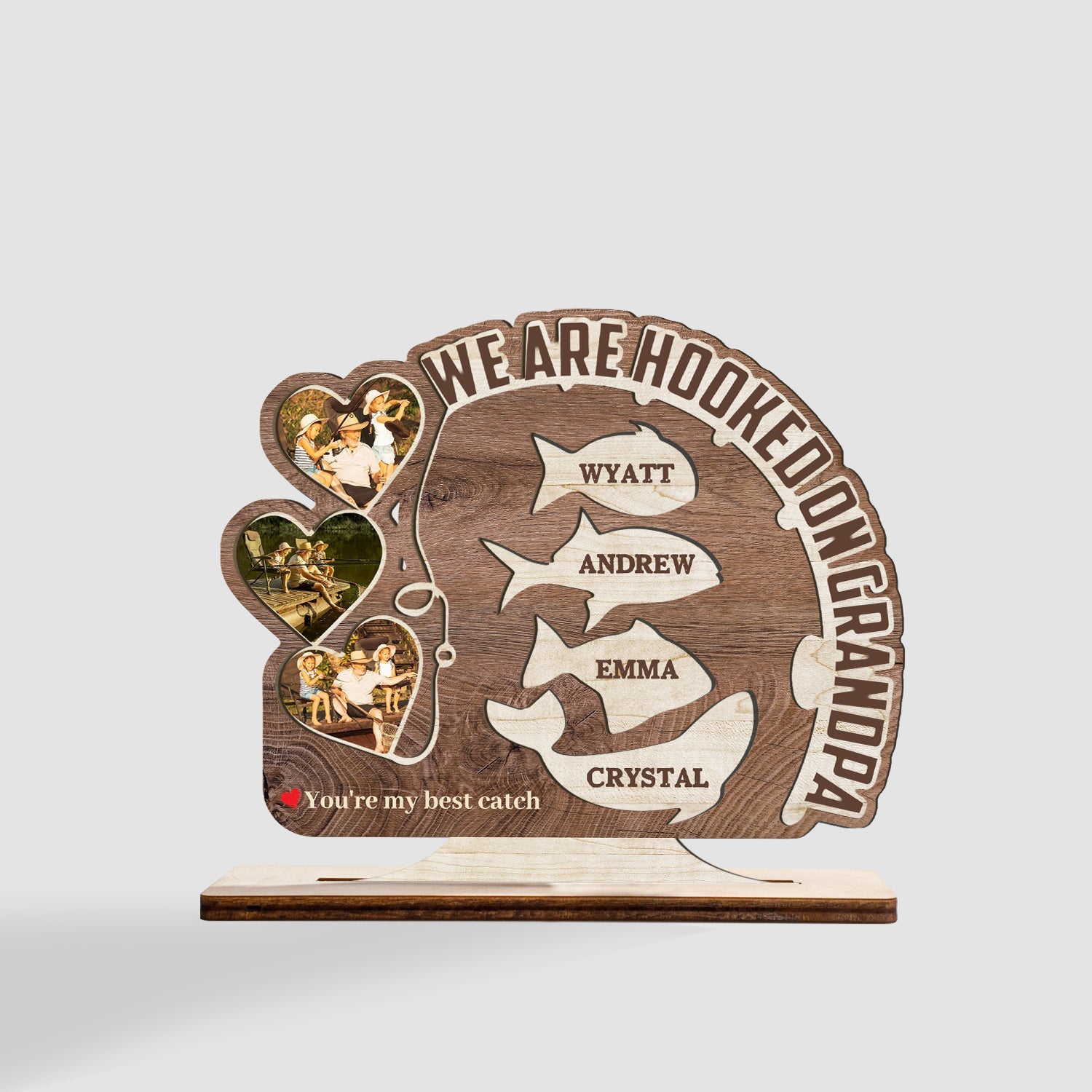 We Are Hooked On Grandpa, Custom Photo And Text, Wooden Plaque 3 Layers