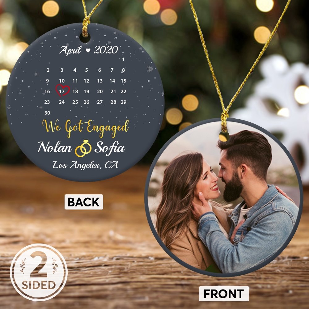We Got Engaged Custom Photo, Date And Text Anniversary Gift Navy Background Decorative Christmas Circle Ornament 2 Sided