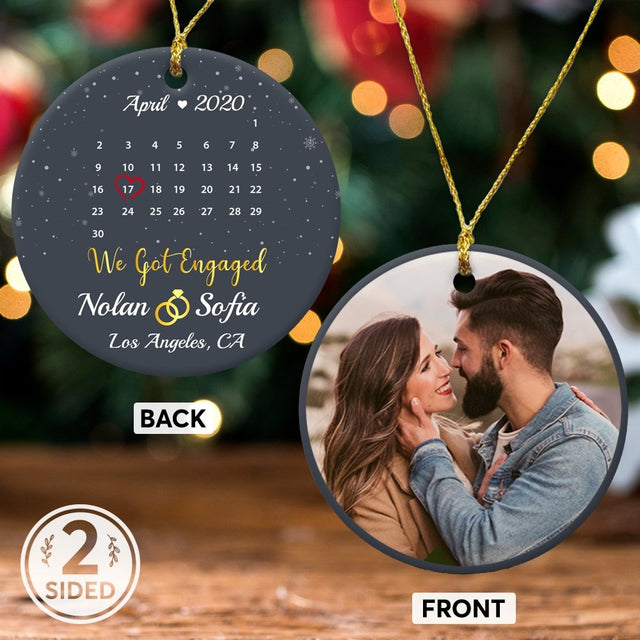 We Got Engaged Custom Photo, Date And Text Anniversary Gift Navy Background Decorative Christmas Circle Ornament 2 Sided