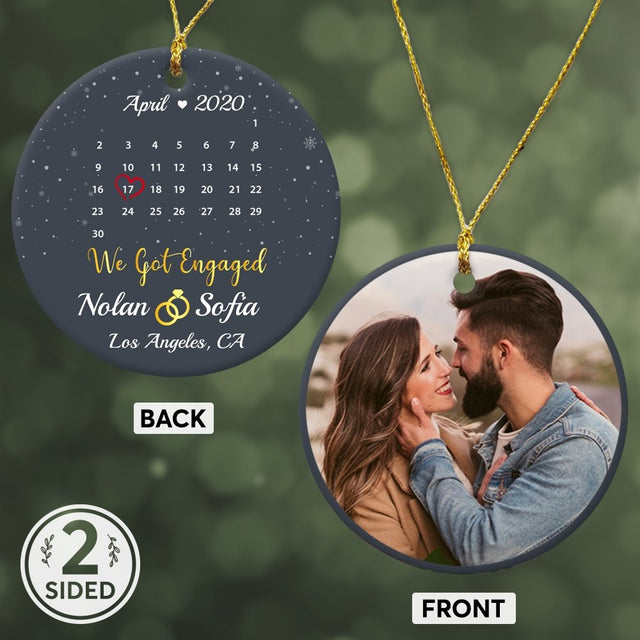 We Got Engaged Custom Photo, Date And Text Anniversary Gift Navy Background Decorative Christmas Circle Ornament 2 Sided