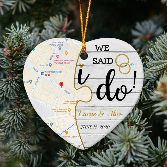 We Said I Do Custom Map Decorative Christmas Heart Ornament 2 Sided
