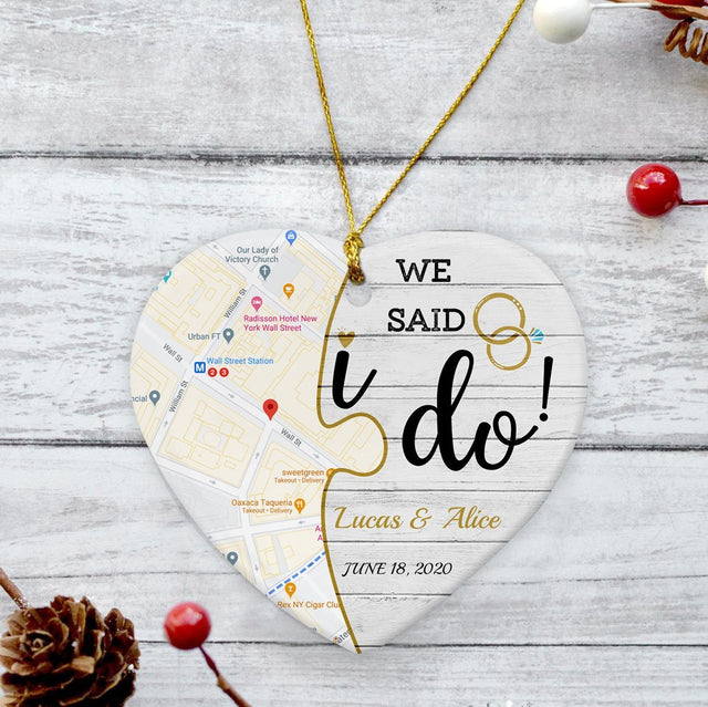 We Said I Do Custom Map Decorative Christmas Heart Ornament 2 Sided