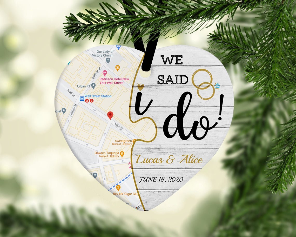 We Said I Do Custom Map Decorative Christmas Heart Ornament 2 Sided