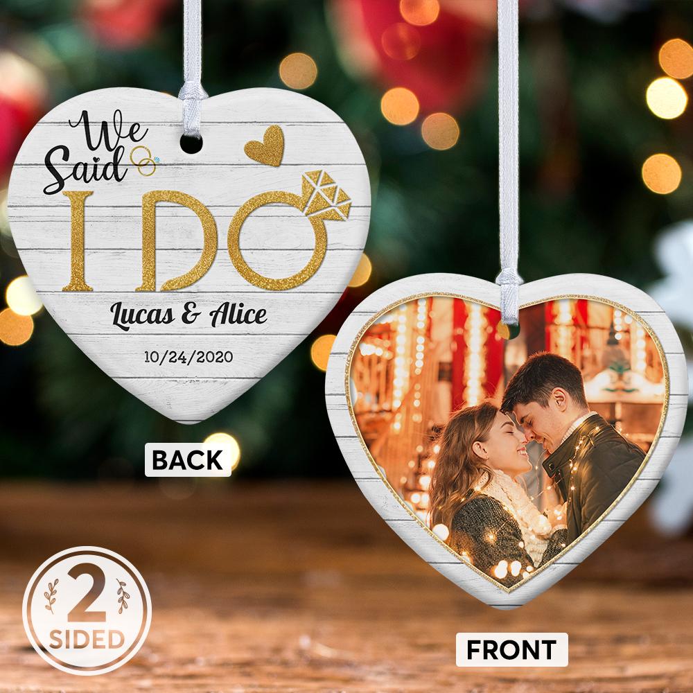 We Said I Do Custom Photo And Text Decorative Christmas Heart Ornament 2 Sided