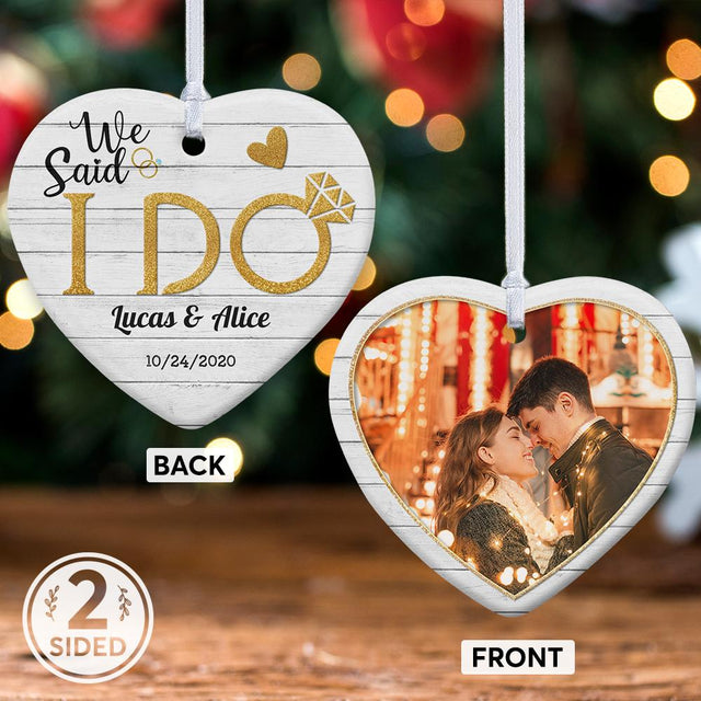 We Said I Do Custom Photo And Text Decorative Christmas Heart Ornament 2 Sided
