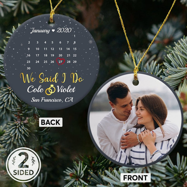 We Said I Do Custom Photo, Date And Text Anniversary Gift Navy Background Decorative Christmas Circle Ornament 2 Sided
