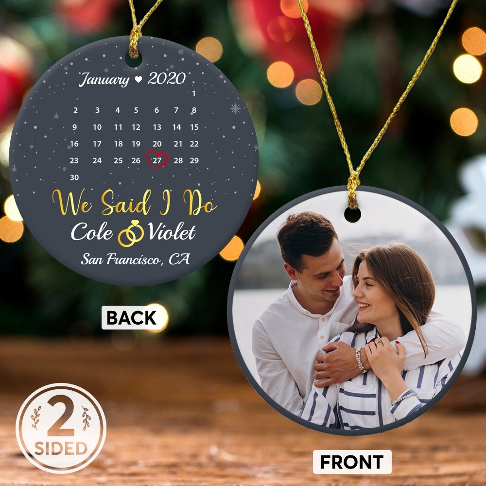 We Said I Do Custom Photo, Date And Text Anniversary Gift Navy Background Decorative Christmas Circle Ornament 2 Sided
