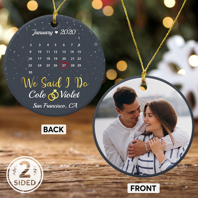We Said I Do Custom Photo, Date And Text Anniversary Gift Navy Background Decorative Christmas Circle Ornament 2 Sided