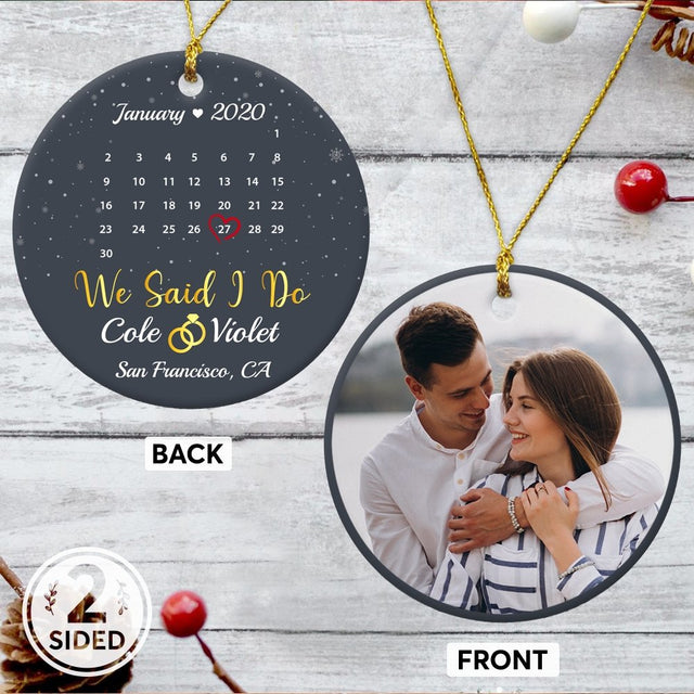 We Said I Do Custom Photo, Date And Text Anniversary Gift Navy Background Decorative Christmas Circle Ornament 2 Sided