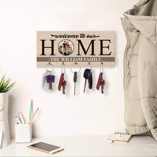 Welcome To Our Home, Custom Key Hook, Personalized Photo And Family Name