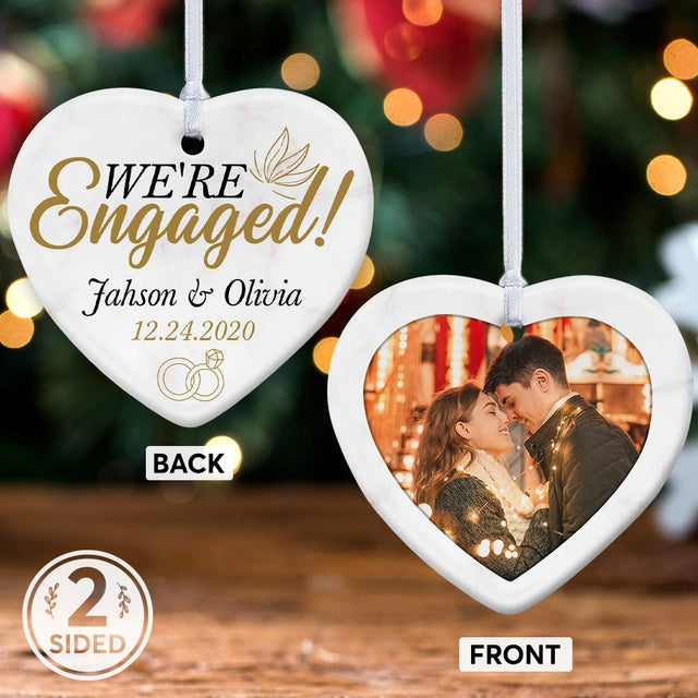 We're Engaged Custom Photo And Text Decorative Christmas Heart Ornament 2 Sided