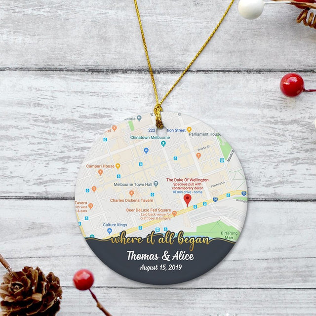 Where It All Began Custom Anniversary Gift For Couples Personalized Map Decorative Christmas Circle Ornament 2 Sided
