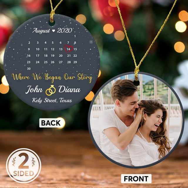 Where We Began Our Story Custom Photo, Date And Text Anniversary Gift Navy Background Decorative Christmas Circle Ornament 2 Sided