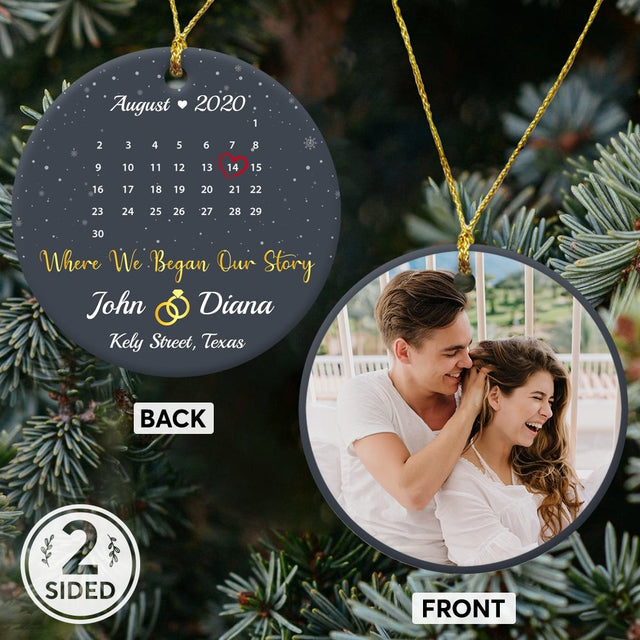 Where We Began Our Story Custom Photo, Date And Text Anniversary Gift Navy Background Decorative Christmas Circle Ornament 2 Sided