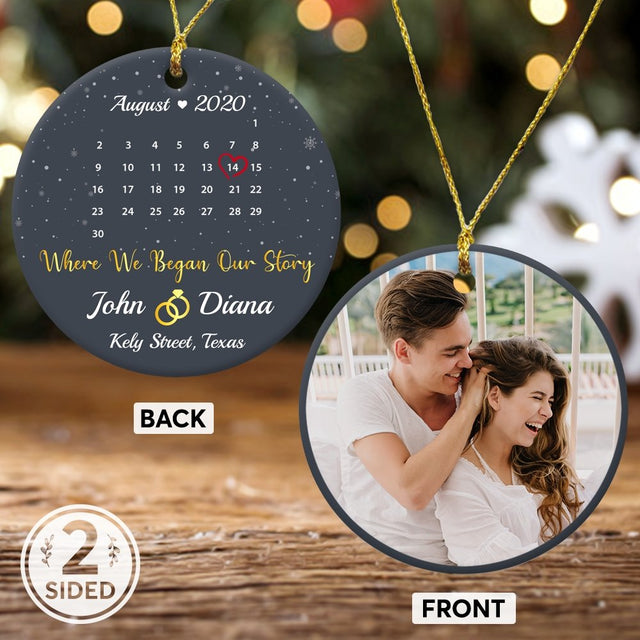 Where We Began Our Story Custom Photo, Date And Text Anniversary Gift Navy Background Decorative Christmas Circle Ornament 2 Sided