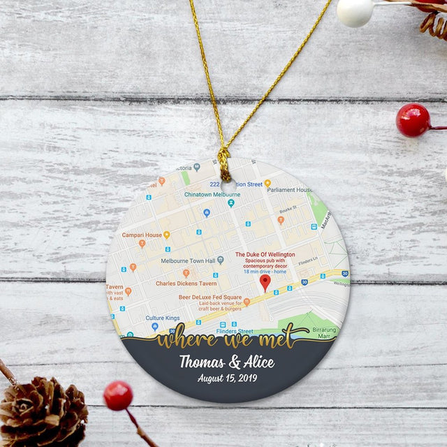 Where We Met Custom Anniversary Gift For Couples Personalized Map Decorative Christmas Circle Ornament 2 Sided