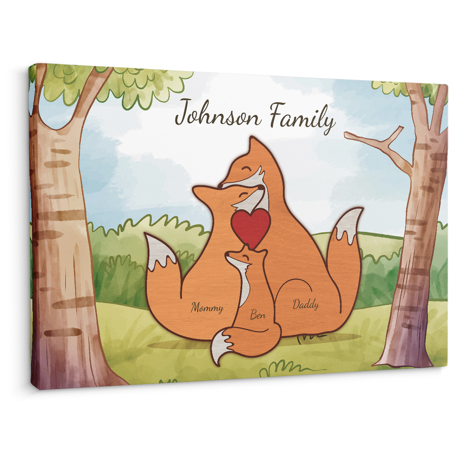 Fox Family Puzzle Style, Personalized Family Names Wall Art Canvas