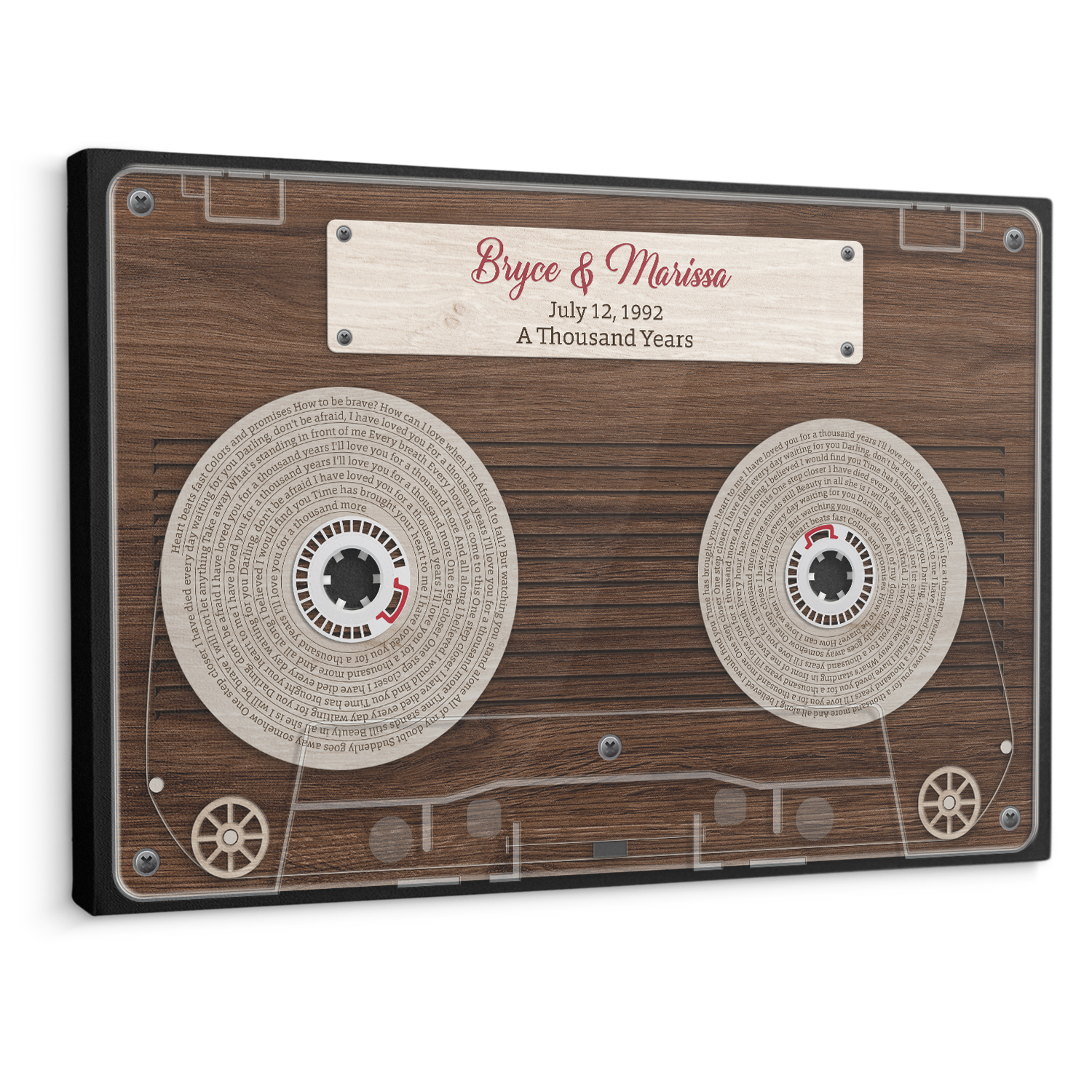 Cassette Tape Custom Song Lyrics, Customizable Text Wood Background Canvas