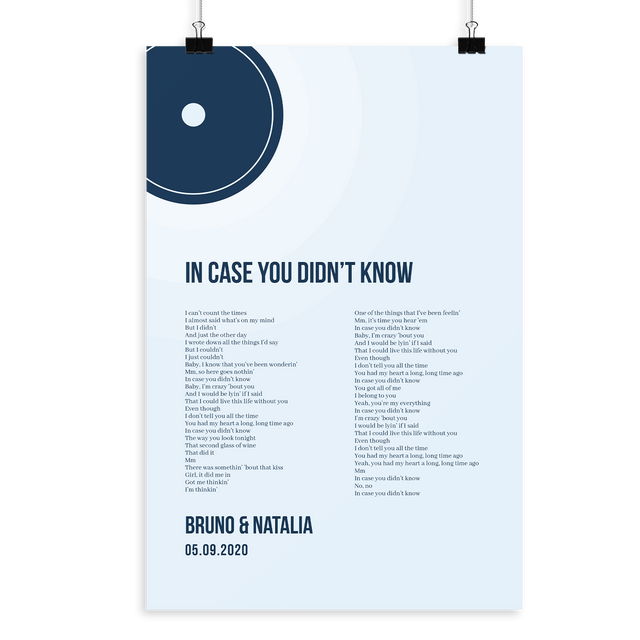 Minimalist Ice Blue Vinyl Record, Custom Song Lyrics Framed Art Print