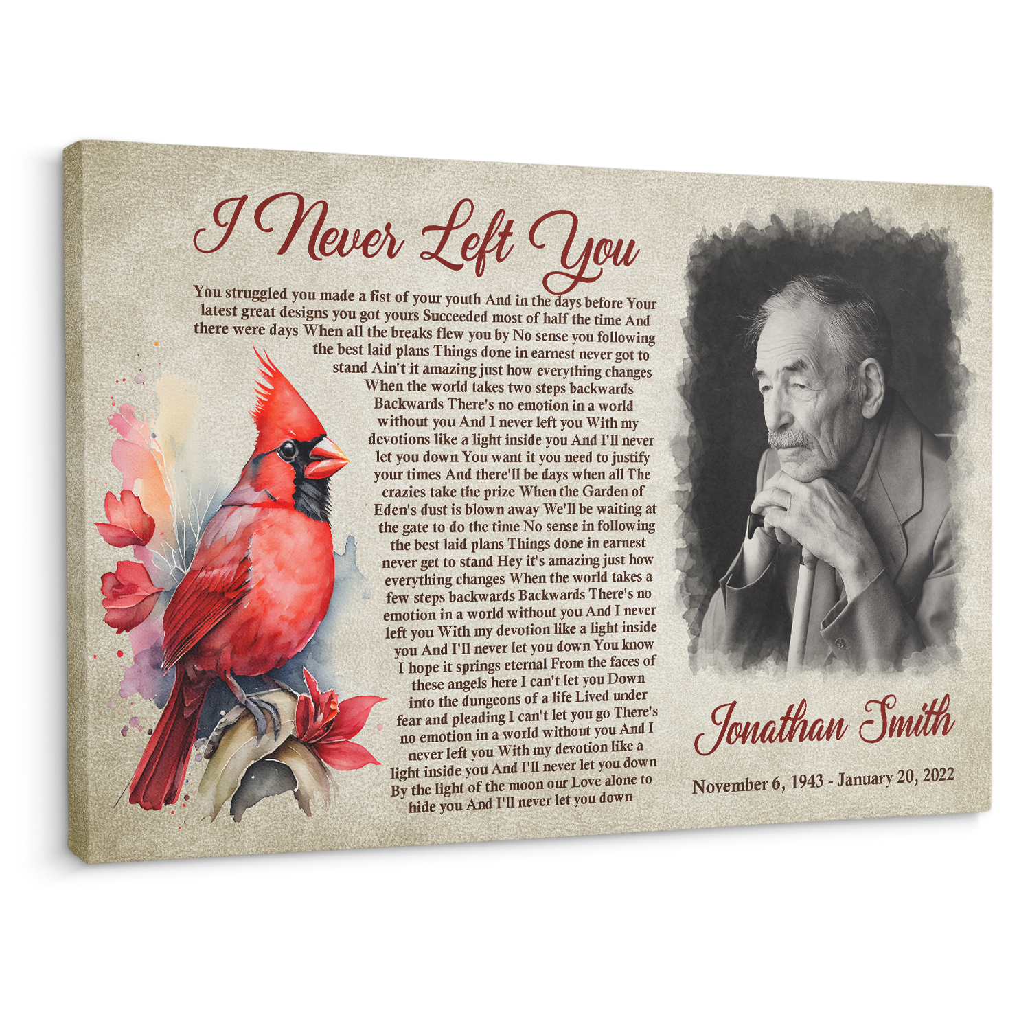 Personalized Cardinal Memorial Canvas, Custom Song Lyrics And Photo