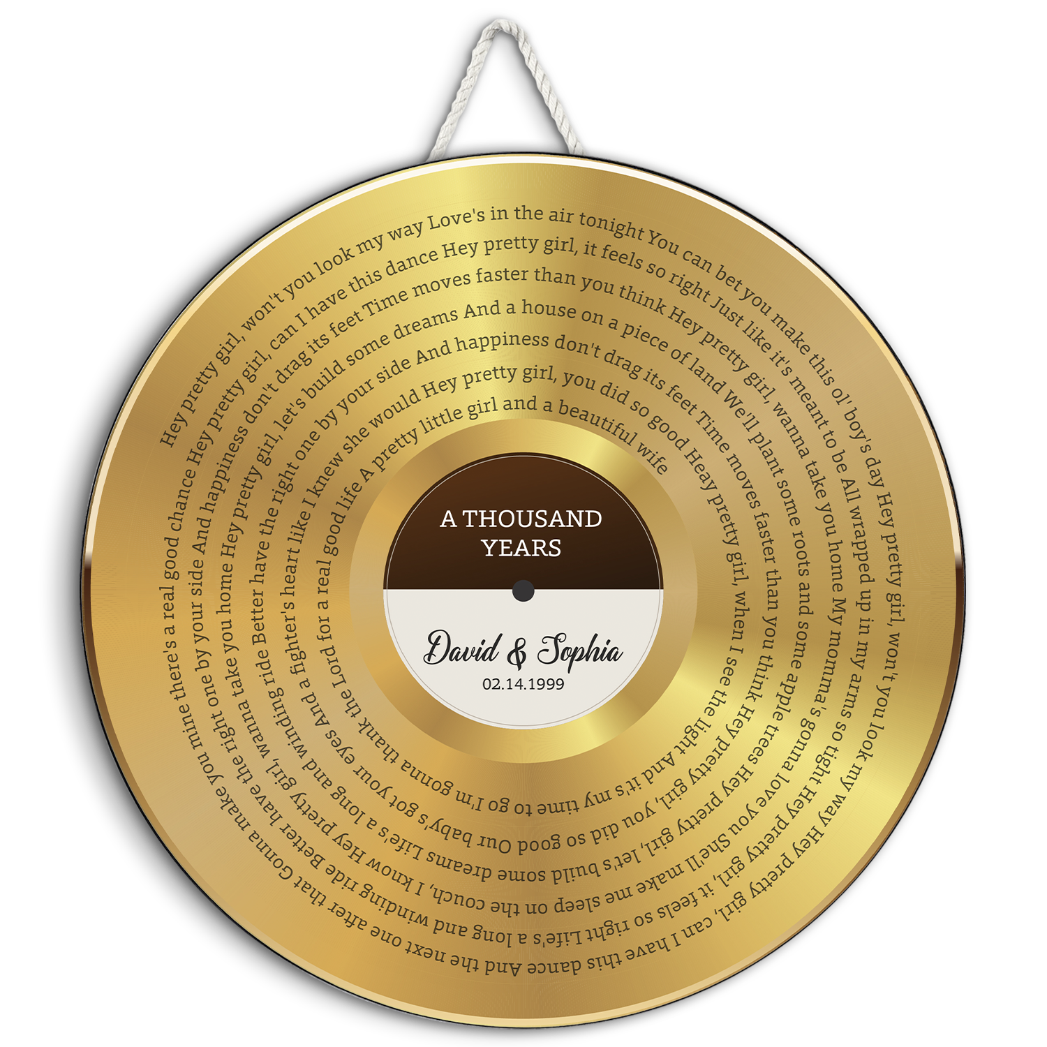 Custom Round Sign, Customizable Song Lyrics And Text, Vinyl Record, Gold Style