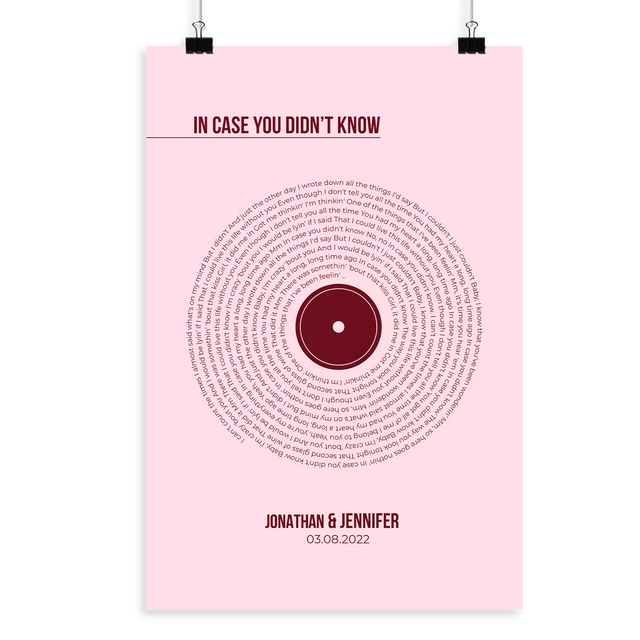 Custom Song Lyrics Print, Pastel Pink Vinyl Record Wall Art