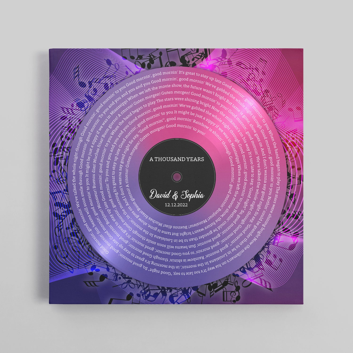 Neon Pink Purple Square Canvas, Customize Song Lyrics & Name Wall Art