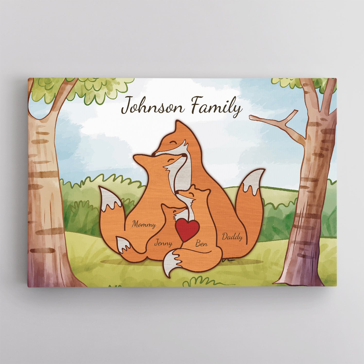 Fox Family Watercolor Canvas, Custom Family Name