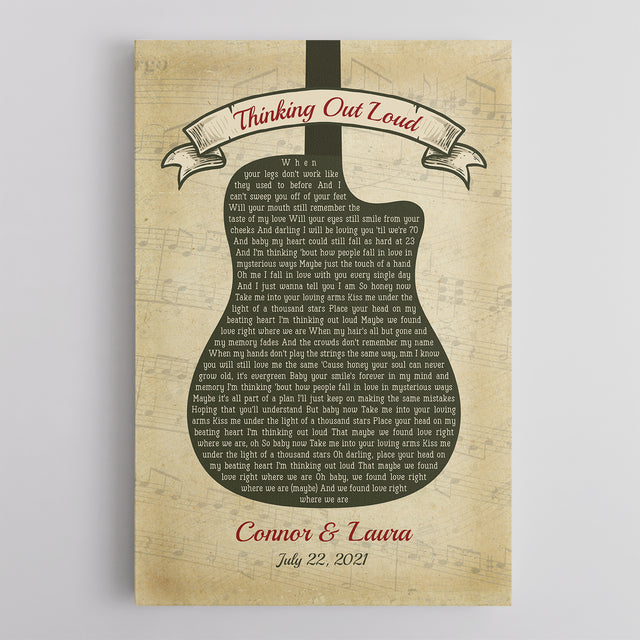 Custom Song Lyrics, Customizable Name And Date, Guitar Shape, Canvas Wall Art