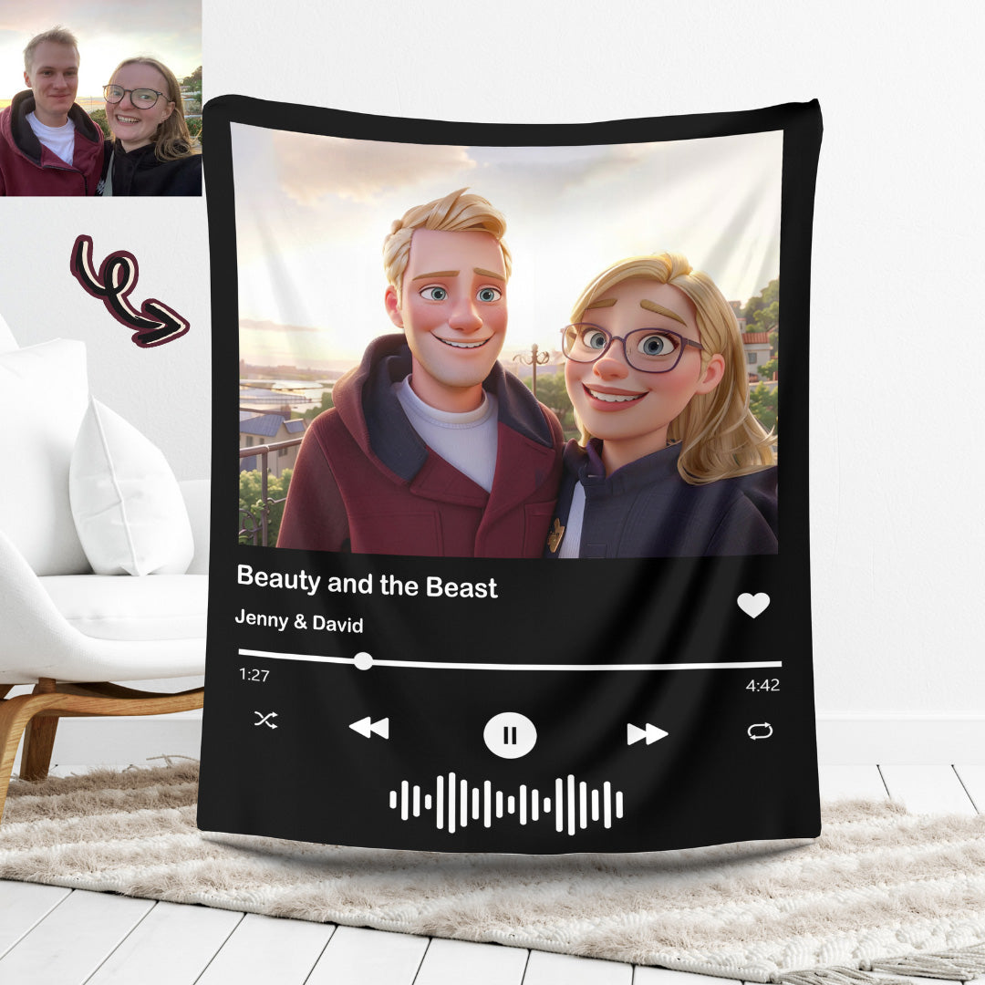 Custom Cartoon Style Photo with Spotify QR Code Blanket