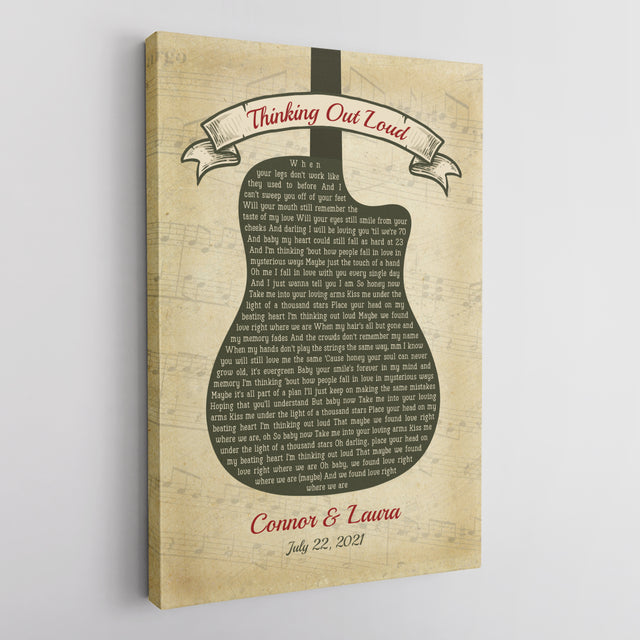 Custom Song Lyrics, Customizable Name And Date, Guitar Shape, Canvas Wall Art